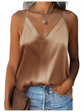 Women's Camel Sleeveless V Neck Silk Satin Causal Pull On Blouse Tank Tops